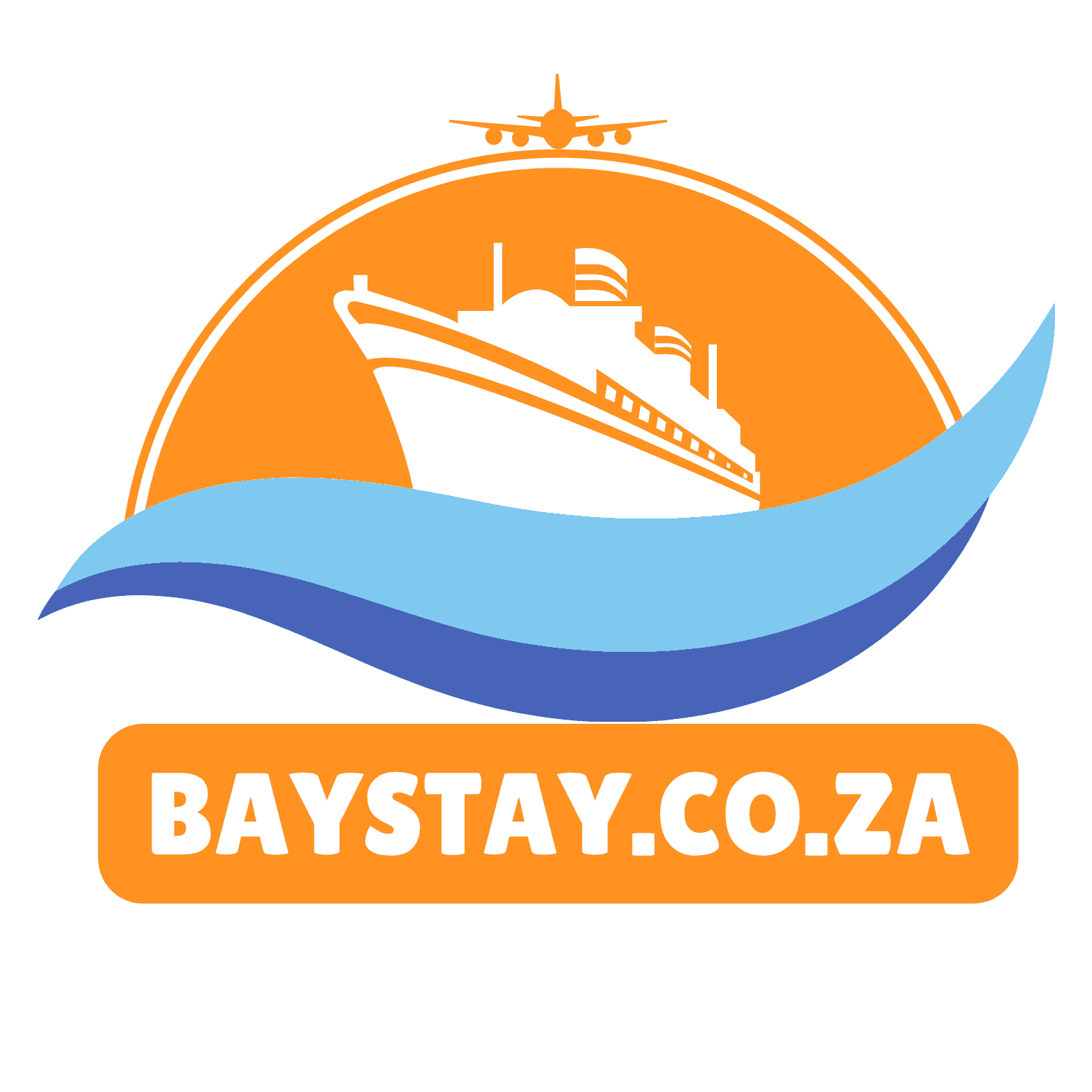 Boat and airplane center on an orange sun over a wave with they text baystay.co.za listed below
